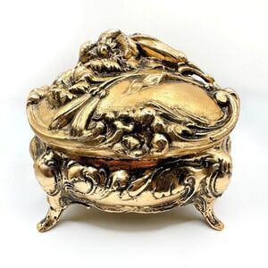 Vintage Gold Tone Ornate Metal Jewelry Trinket Box Hinged Lid Footed Art Nouveau